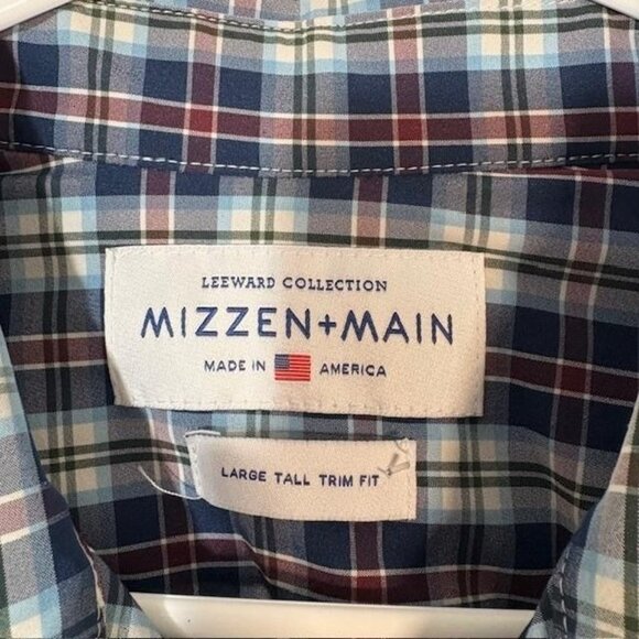 Mizzen+Main Dress Shirt Mens Large Tall Blue Plaid Leeward Trim Fit USA Made - Picture 3 of 7
